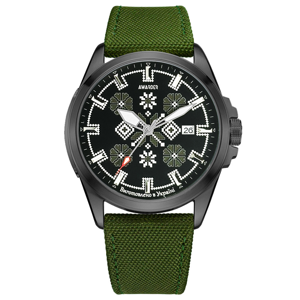 Патріотичний наручний годинник Awarder Embroidery Black-Army Green Green Automatic 10ATM