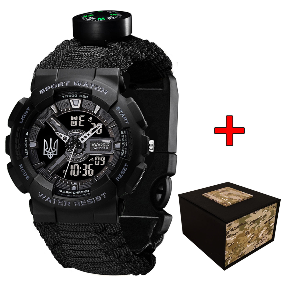Чоловічий годинник Awarder 005 Тризуб срібло  Black + Паракордовий ремінець Black