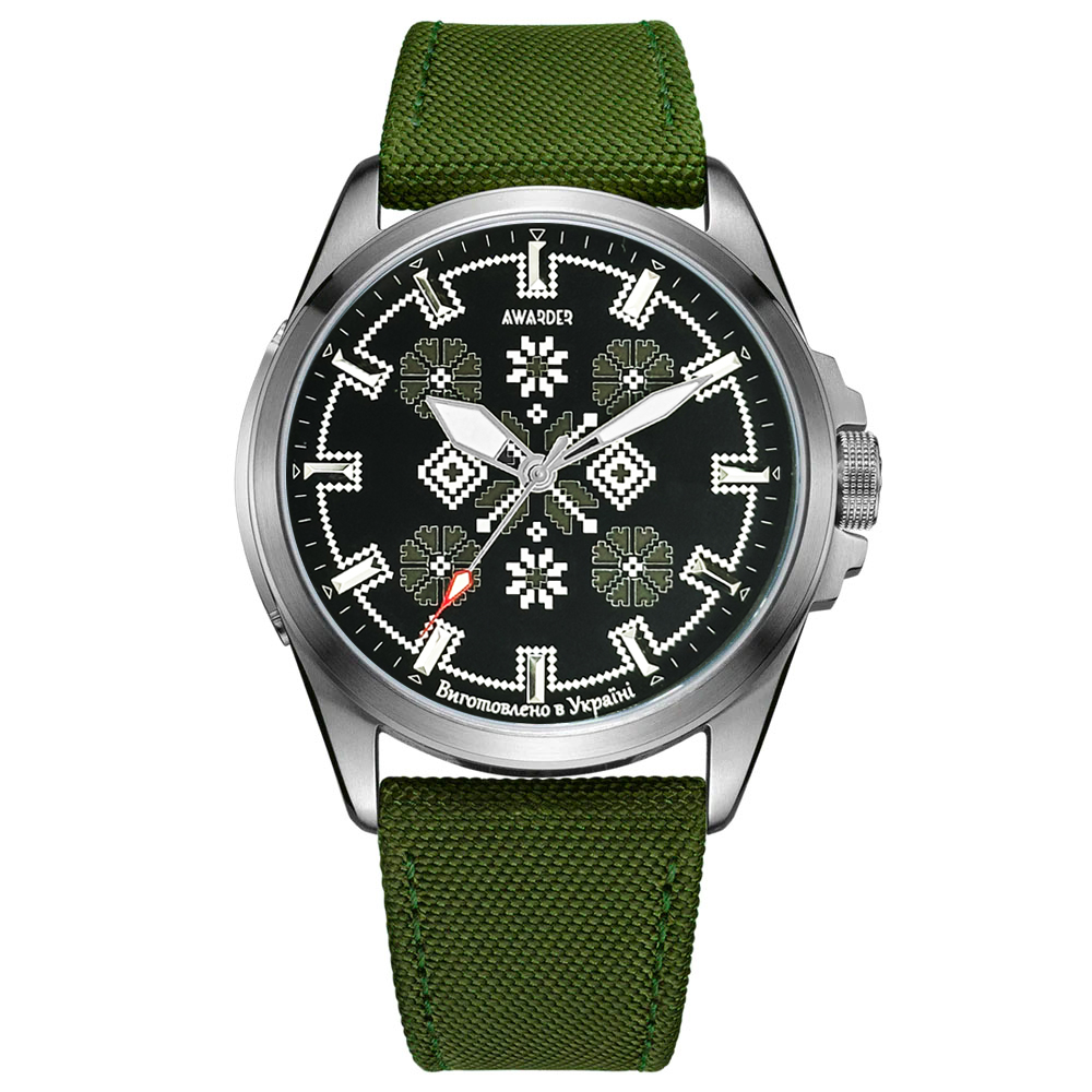 Патріотичний наручний годинник Awarder Embroidery Silver-Army Green Green Battery 10ATM