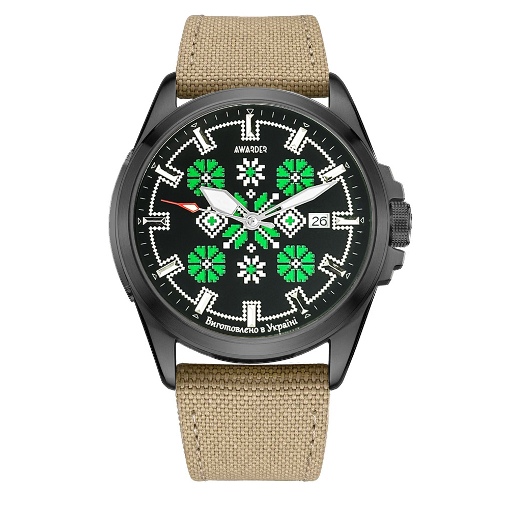 Патріотичний наручний годинник Awarder Embroidery Black-Green Khaki Automatic 10ATM
