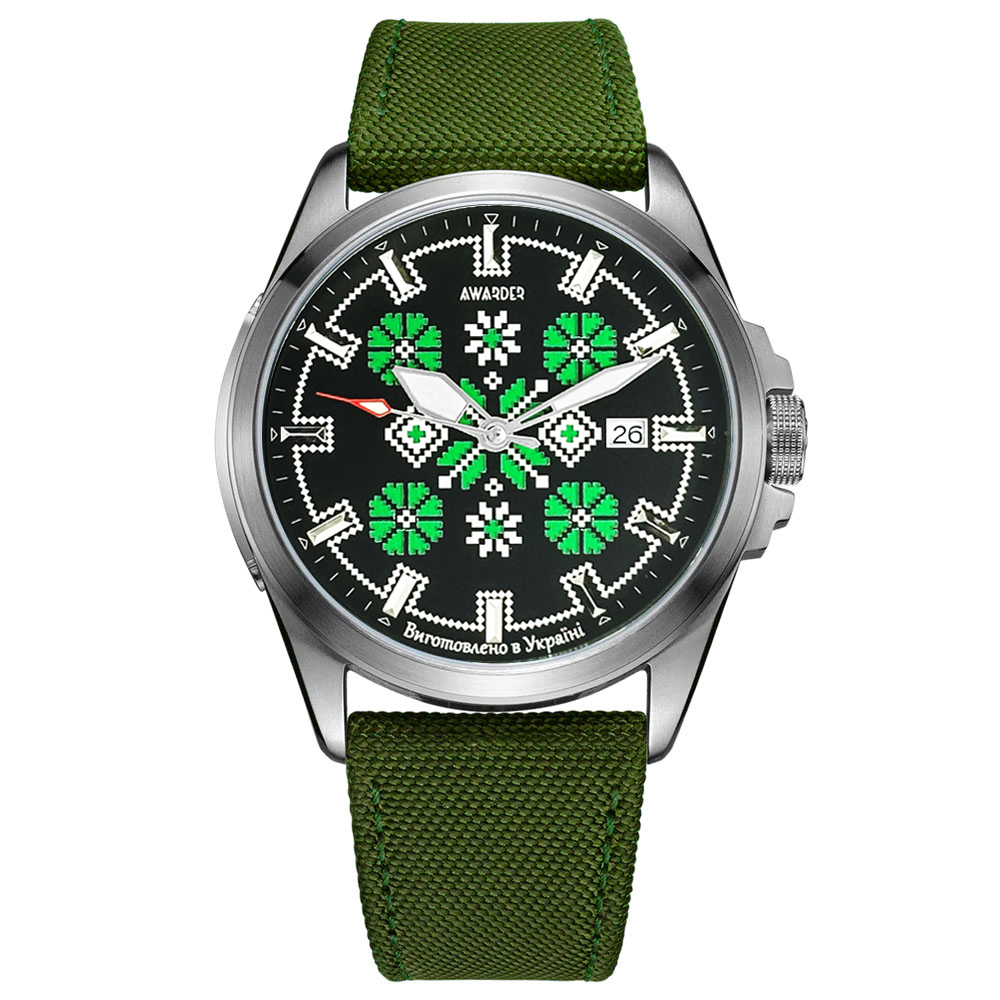 Патріотичний наручний годинник Awarder Embroidery Silver-Green Green Automatic 10ATM