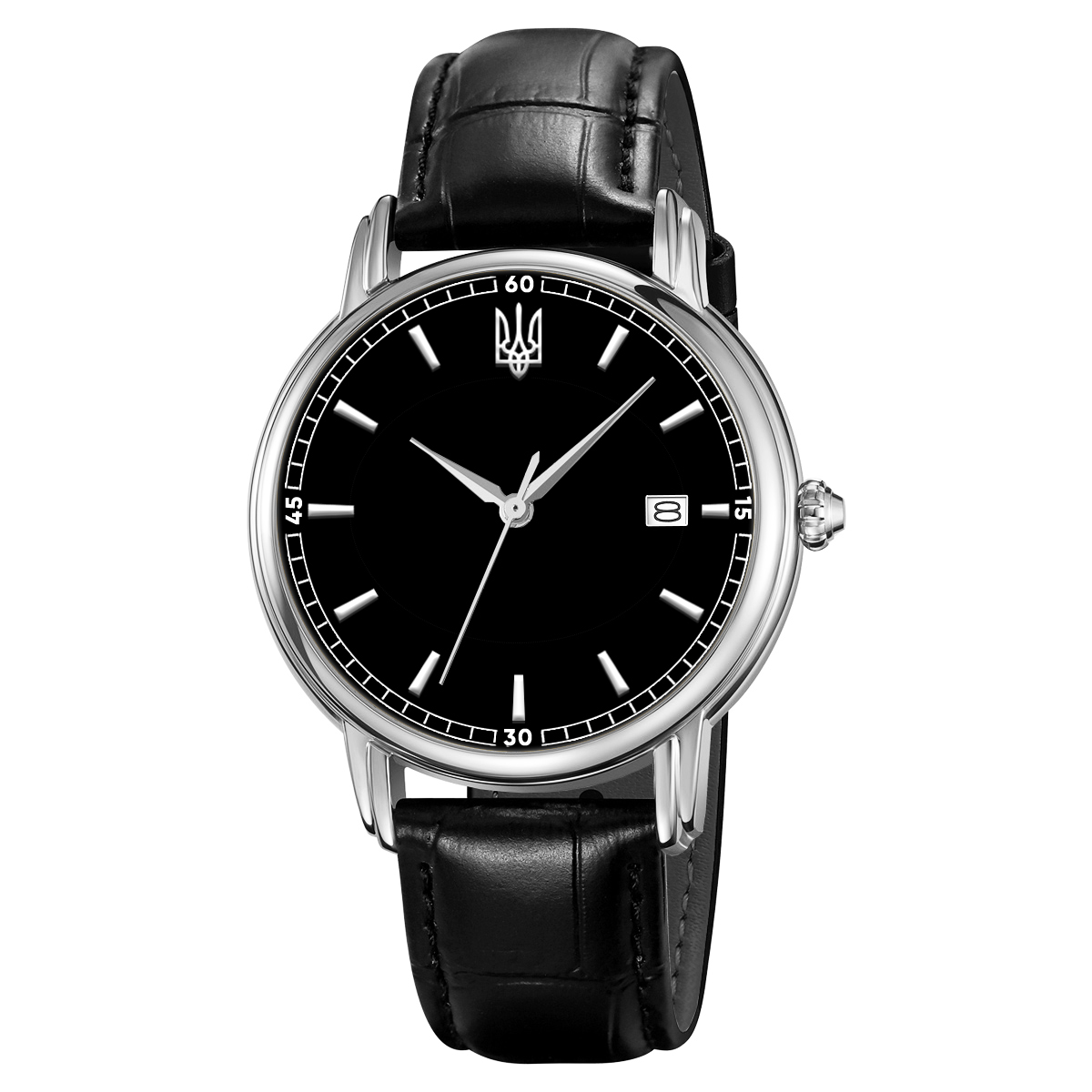 Класичний чоловічий годинник Awarder 020 Тризуб срібло Silver-Black, шкіряний ремінець, японський механізм