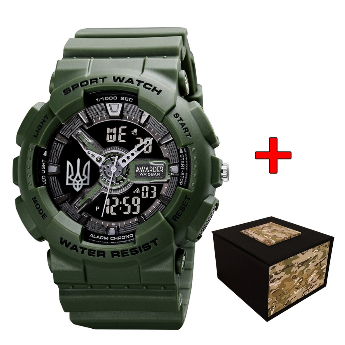 Спортивний чоловічий годинник Awarder 005 Тризуб срібло Army Green + Коробка