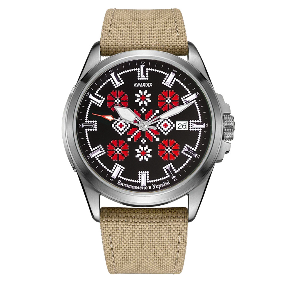 Патріотичний наручний годинник Awarder Embroidery Silver-Red Khaki Automatic 10ATM