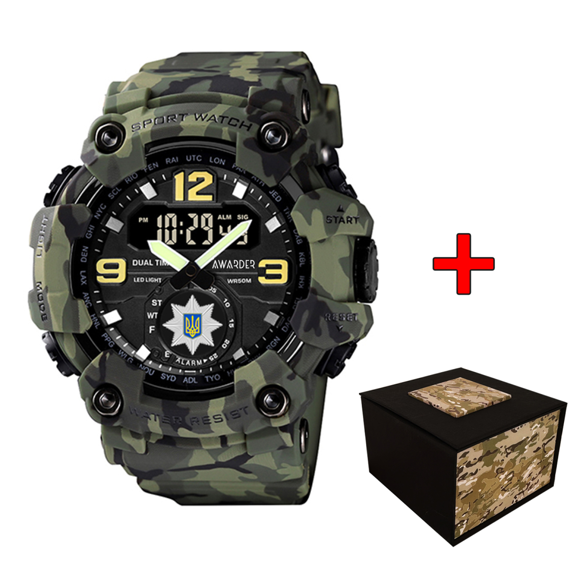 Чоловічий спортивний годинник кварцевий Awarder 004 Поліція Camo Green