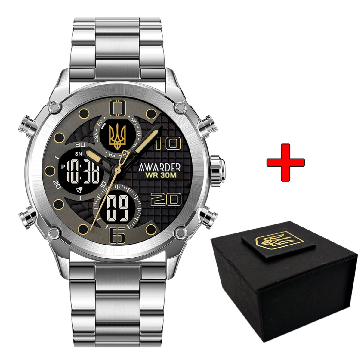 Класичний чоловічий годинник Awarder 017 Тризуб Золото Silver-Black Steel