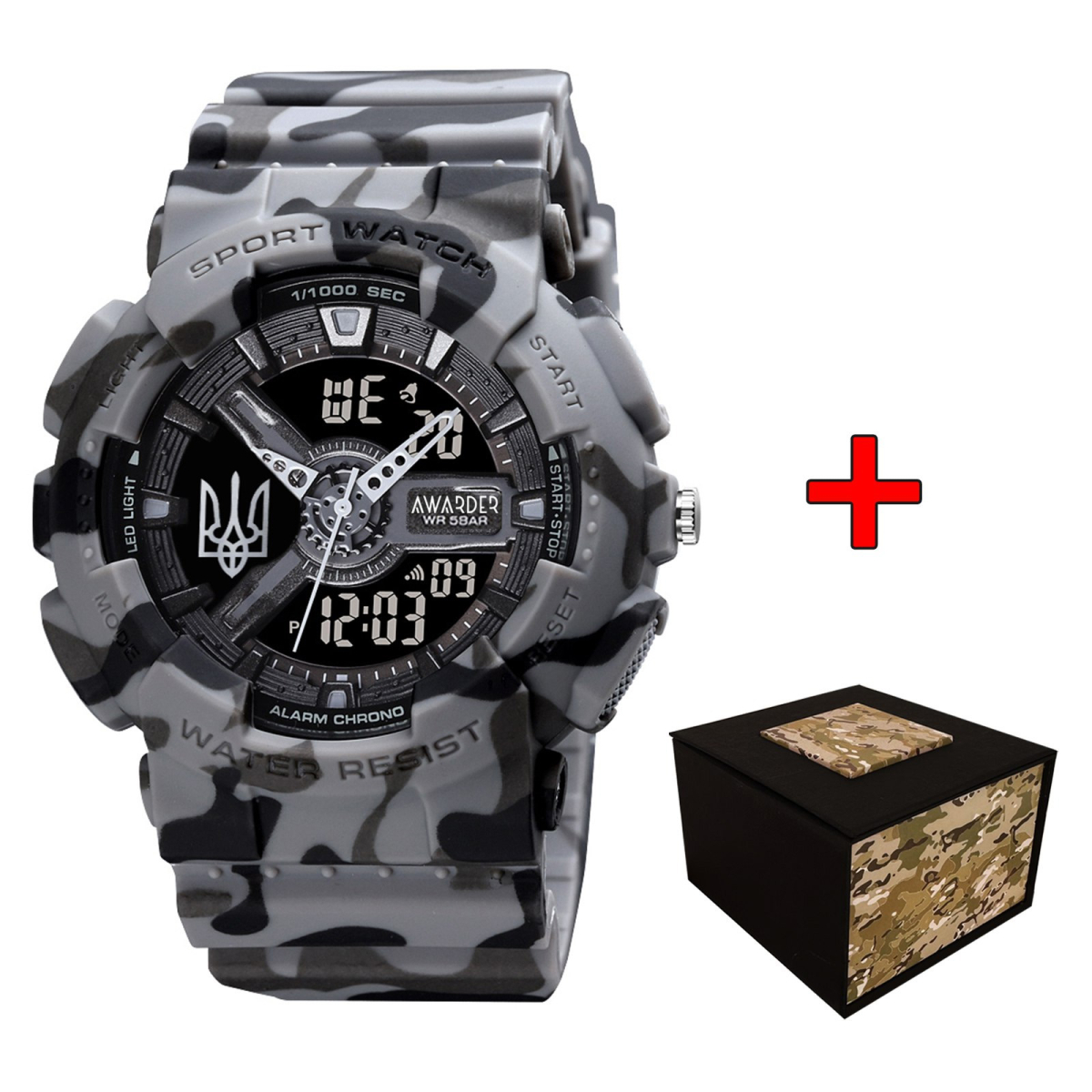 Спортивний чоловічий годинник Awarder 005 Тризуб срібло Camo Grey + Коробка