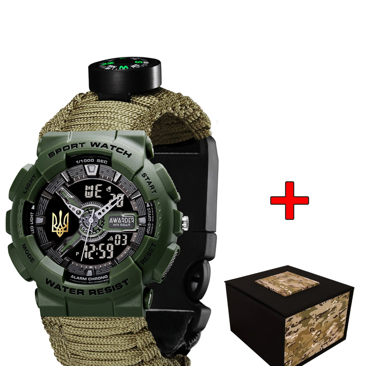 Спортивний чоловічий годинник Awarder 005P Тризуб золото Army Green Паракордовий ремінець Army Green + Коробка