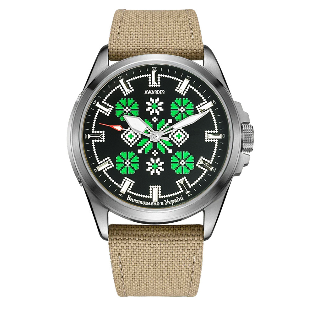 Патріотичний наручний годинник Awarder Embroidery Silver-Green Khaki Battery 10ATM