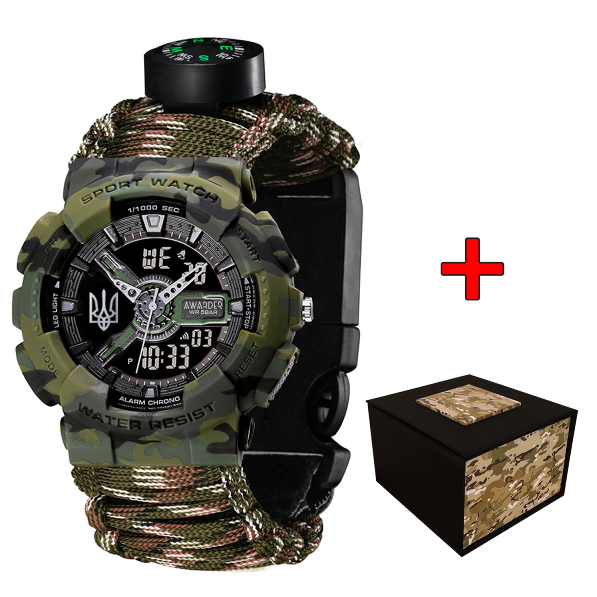 Чоловічий годинник Awarder 005 Тризуб срібло Camo Green Паракордовий ремінець Camo Green