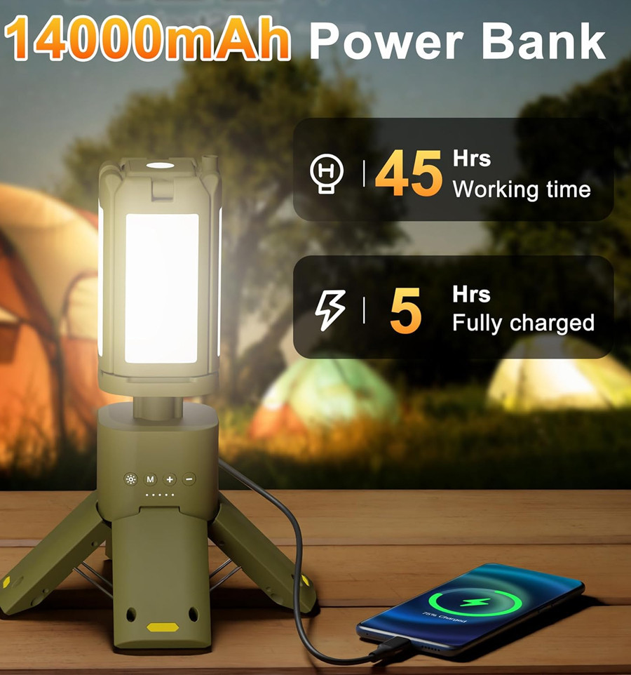 Телескопічний портативний LED-ліхтар – лампа 3-в-1 з Power Bank 14000 mAh, із перезарядкою, водозахищений IPX5 6000 lm - Зображення 2