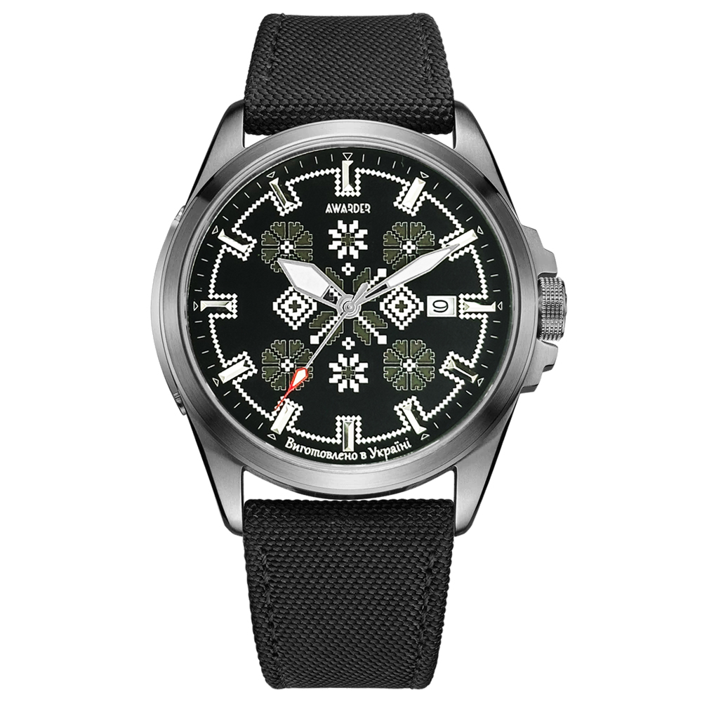 Патріотичний наручний годинник Awarder Embroidery Silver-Army Green Black Automatic 10ATM