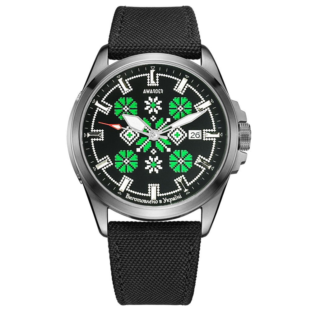 Патріотичний наручний годинник Awarder Embroidery Silver-Green Black Automatic 10ATM