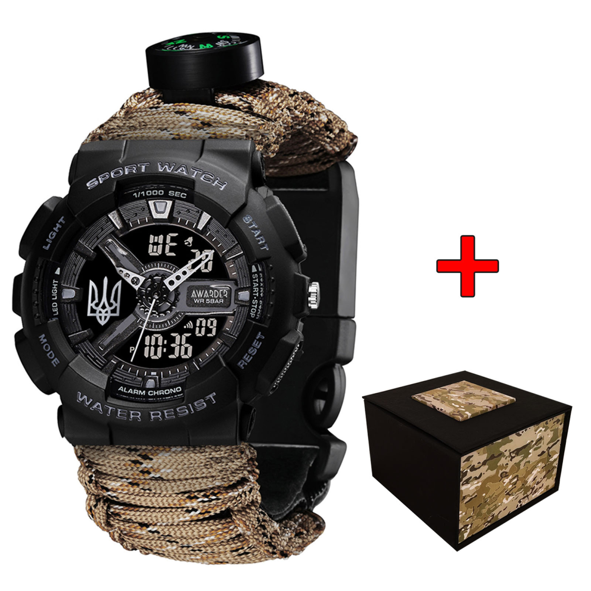 Чоловічий годинник Awarder 005 Тризуб срібло  Black + Паракордовий ремінець Desert Camo