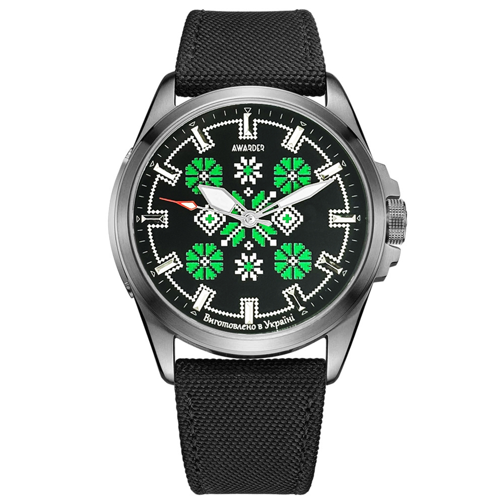 Патріотичний наручний годинник Awarder Embroidery Silver-Green Black Battery 10ATM
