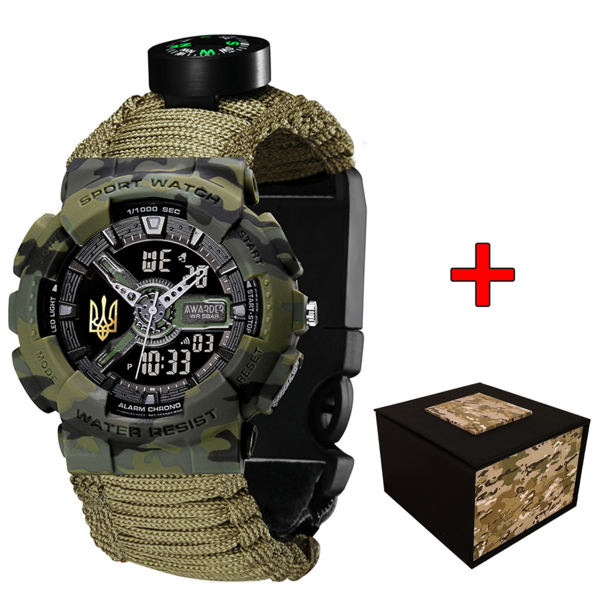 Чоловічий годинник Awarder 005 Тризуб золото Camo Green Паракордовий ремінець Army Green