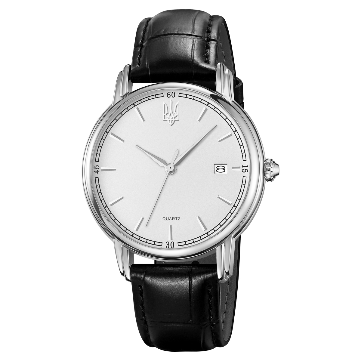Класичний чоловічий годинник Awarder 020 Тризуб cрібло Silver-White, шкіряний ремінець, японський механізм