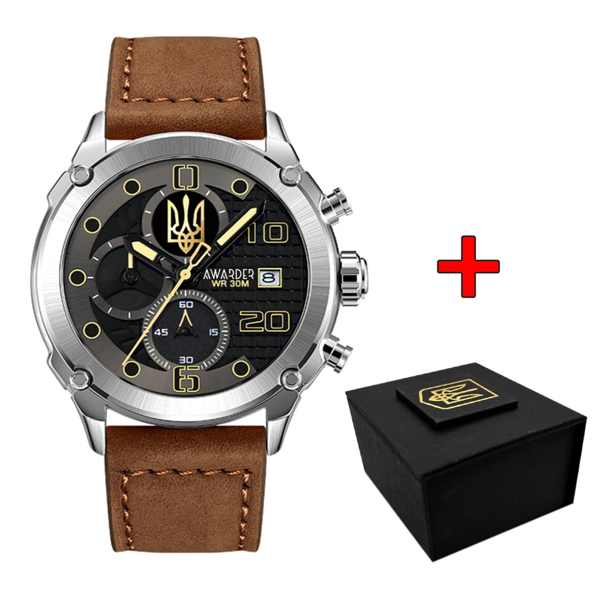 Класичний чоловічий годинник Awarder 016 Silver-Black-Brown Тризуб золото