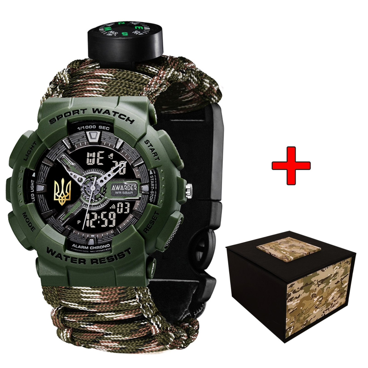 Спортивний чоловічий годинник Awarder 005P Тризуб золото Army Green Паракордовий ремінець Camo Green + Коробка