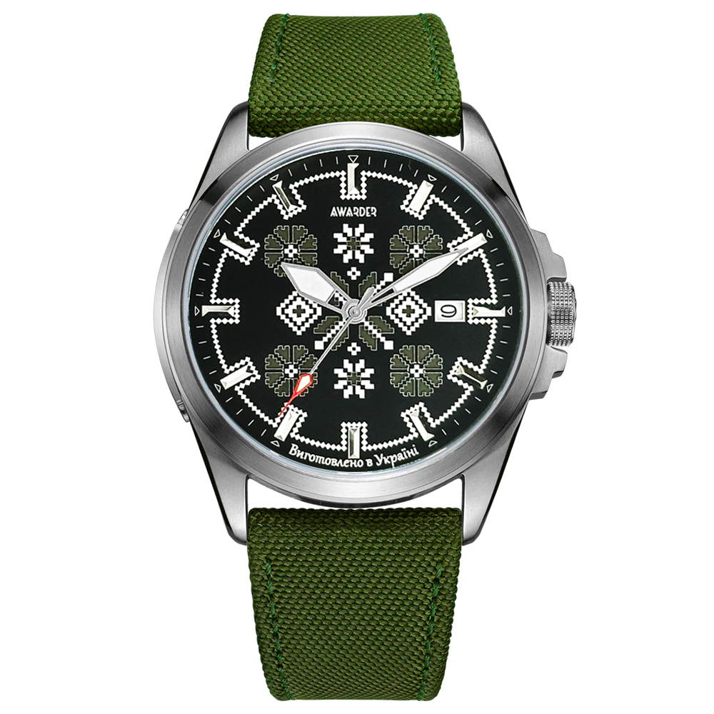 Патріотичний наручний годинник Awarder Embroidery Silver-Army Green Green Automatic 10ATM
