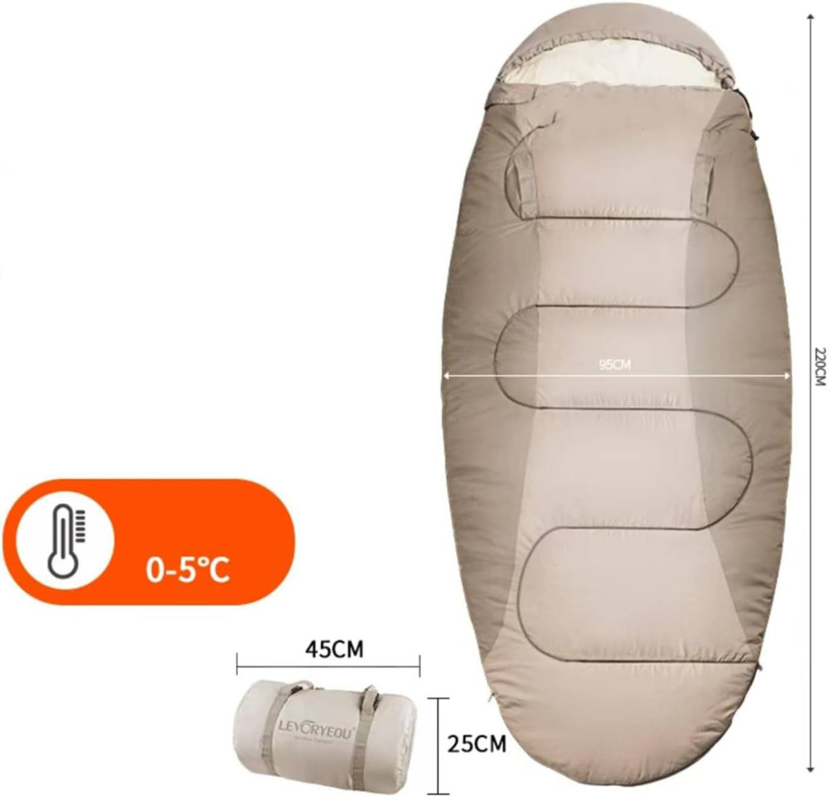 Спальний мішок туристичний LEVORYEOU 0–5°C (220×95 см)