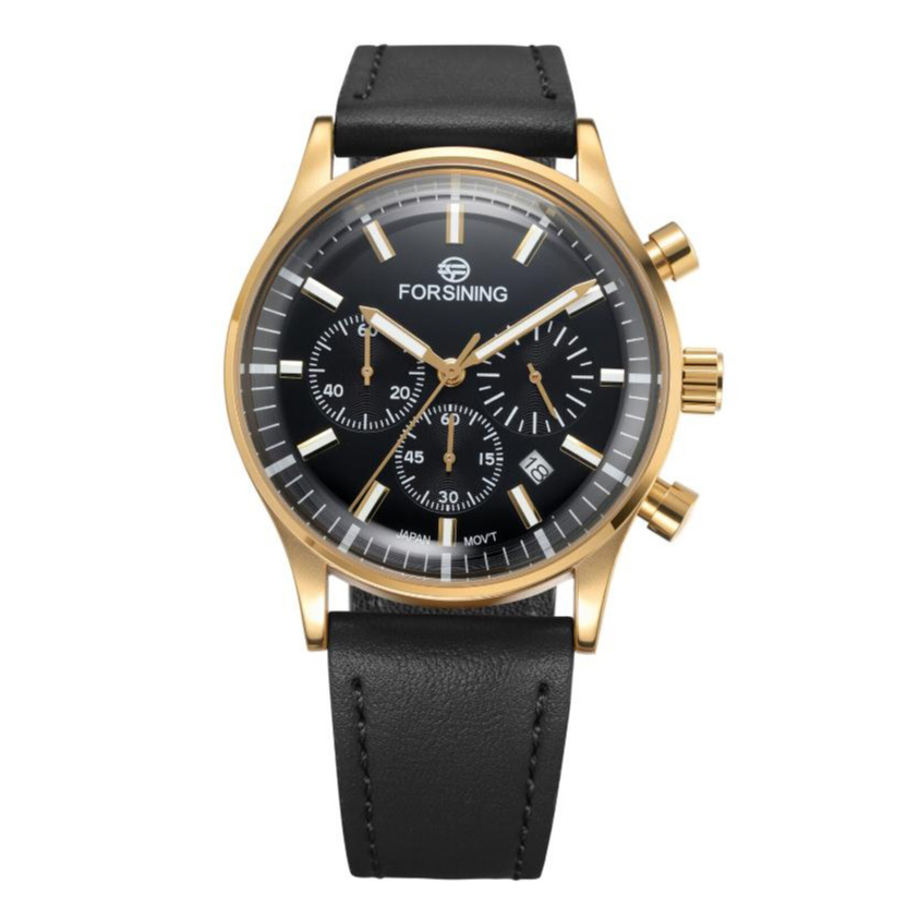 Чоловічий годинник Forsining 8311 Black-Gold з хронографом та шкіряним ремінцем - Зображення 2
