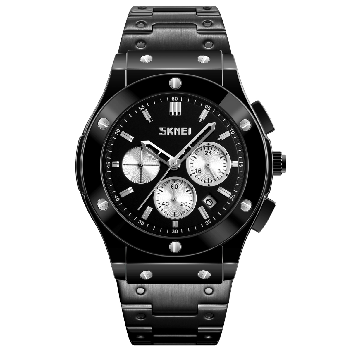 Чоловічий наручний годинник Skmei 9157SBKSI Black-Silver-Steel зі сталевим браслетом та календарем - Зображення 2