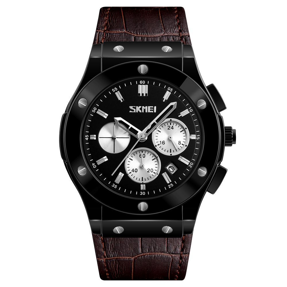 Чоловічий наручний годинник Skmei 9157BN Brown leather з коричневим шкіряним ремінцем