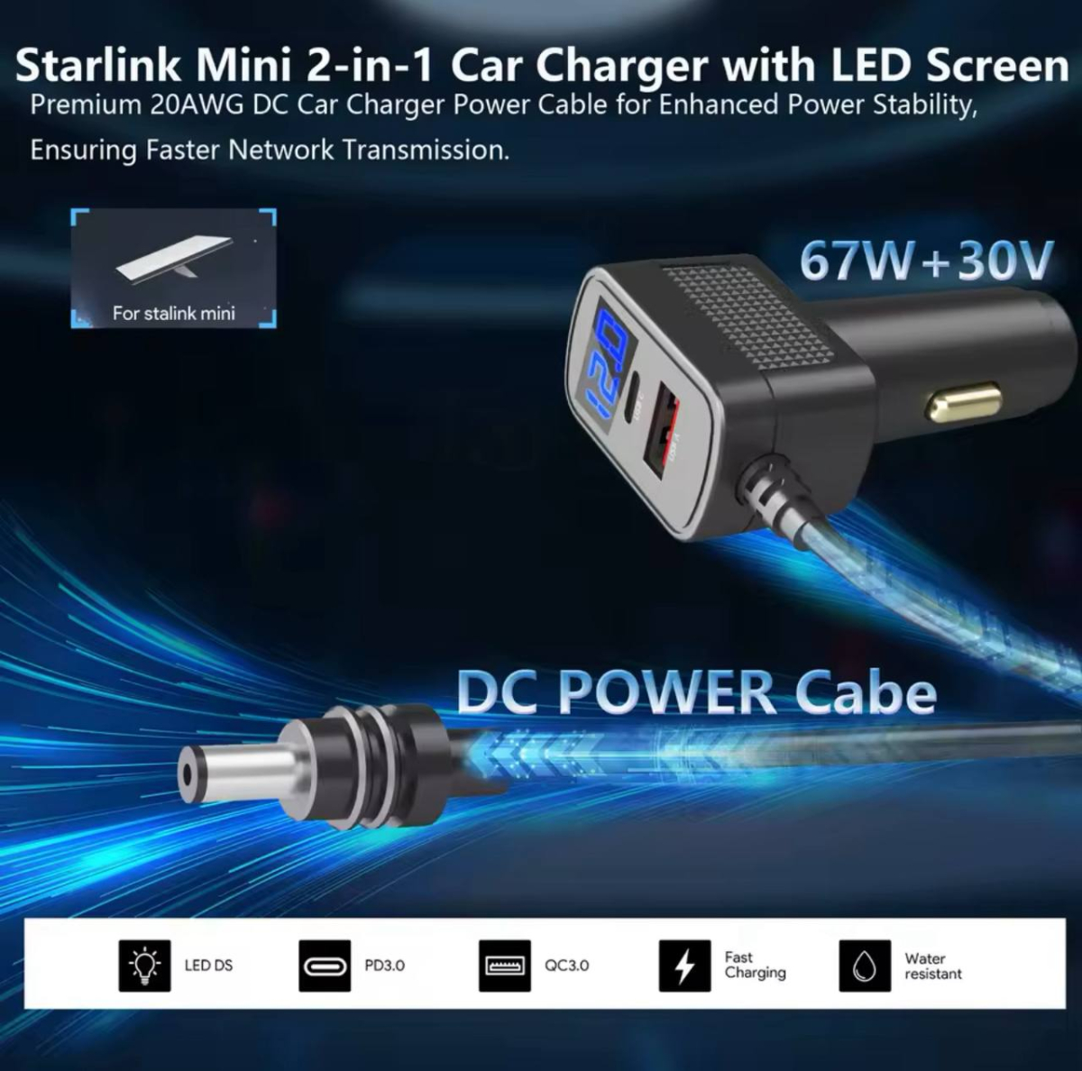 Прикурювач кабель для живлення Starlink Mini 2м, 3м, 5м +2юсб + вольтметр - Зображення 5