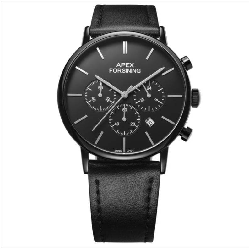 Чоловічий годинник Forsining 8312 All Black з хронографом та шкіряним ремінцем