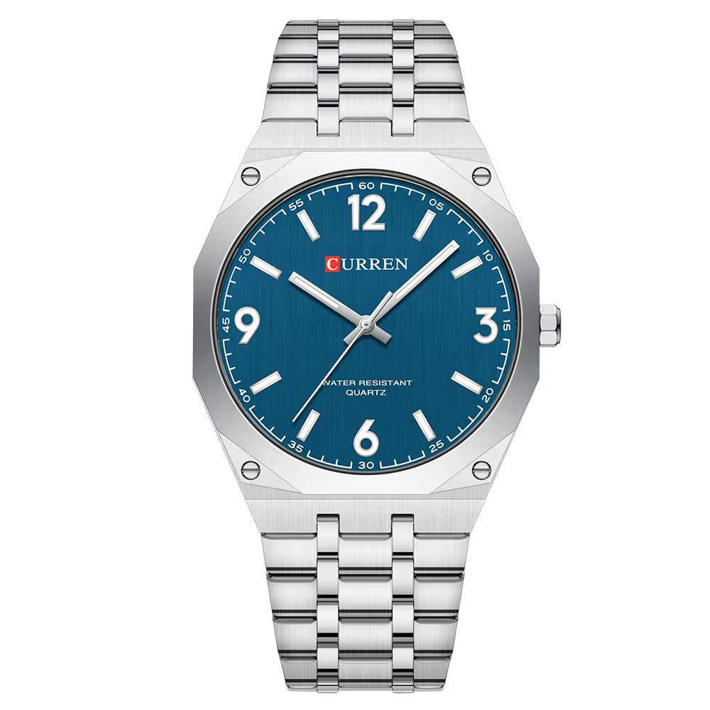 Чоловічий наручний годинник Curren 8504 Silver-Blue зі сталевим браслетом та синім циферблатом