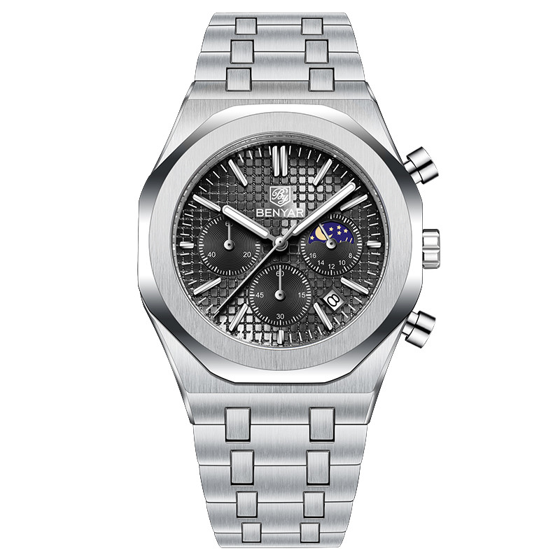 Чоловічий годинник Benyar BY-5228M Silver-Black з хронографом та фазами Місяця