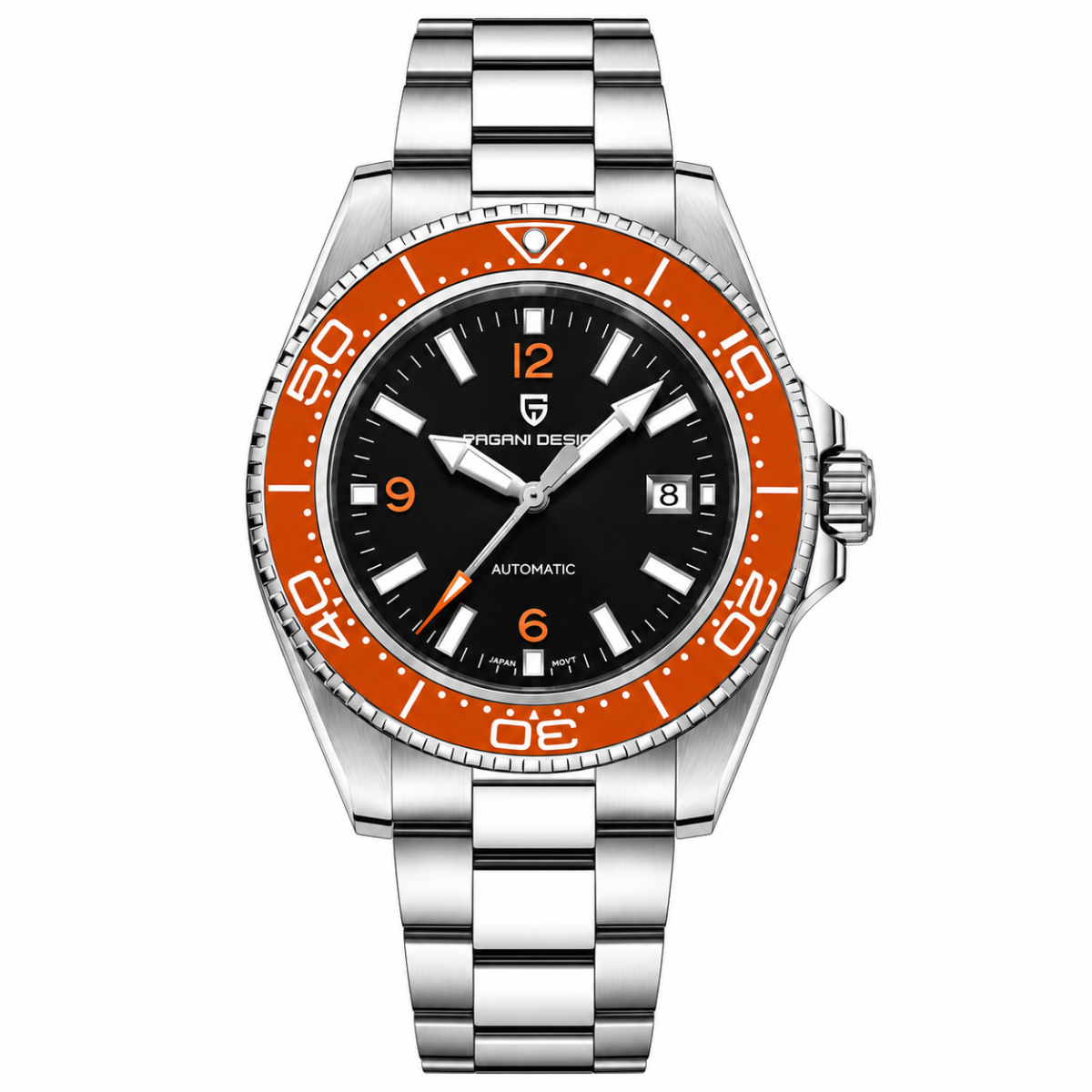 Чоловічий механічний годинник Pagani Design PD-YS034 Silver-Orange-Black Steel зі сталевим браслетом