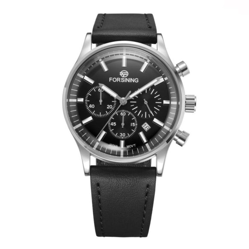 Чоловічий годинник Forsining 8311 Black-Silver з хронографом та шкіряним ремінцем - Зображення 2
