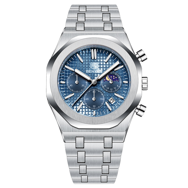 Чоловічий годинник Benyar BY-5228M Silver-Blue з хронографом та індикатором фаз Місяця - Зображення 2