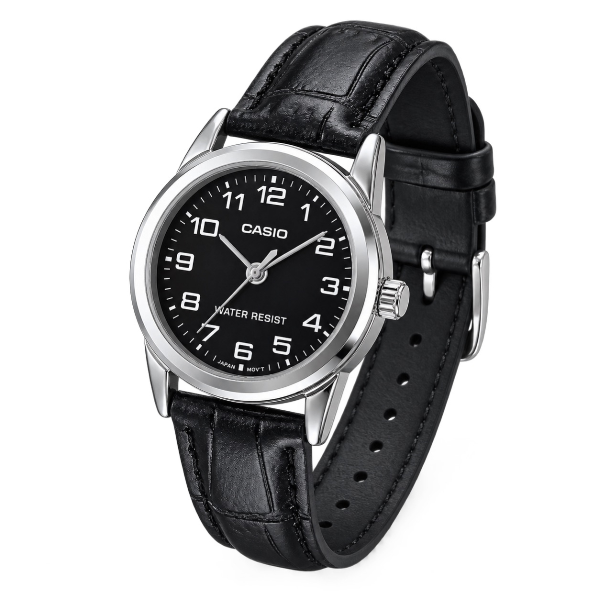 Жіночий годинник Casio LTP-V001L-1B з чорним шкіряним ремінцем та кварцовим механізмом