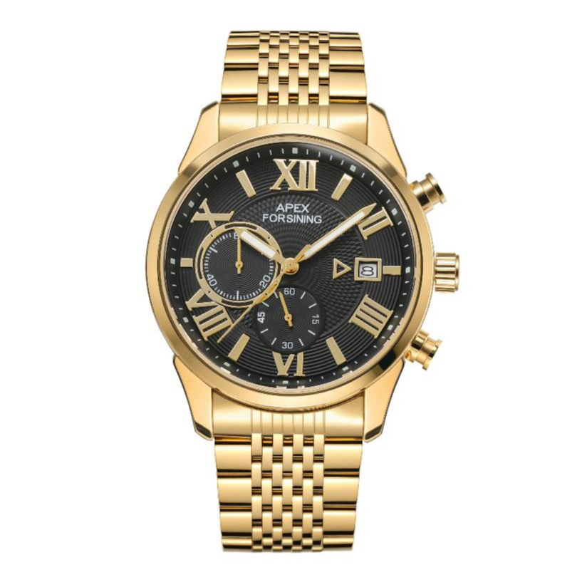 Чоловічий годинник Forsining 8304 Gold-Black Steel з хронографом та сталевим браслетом