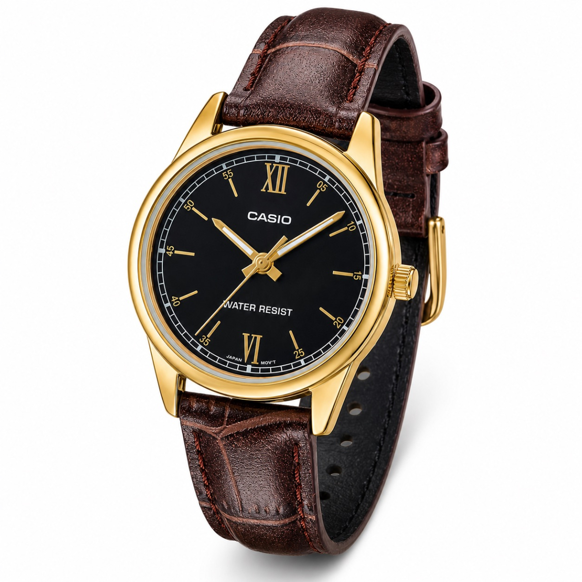 Жіночий годинник Casio LTP-V005GL-1B2 з чорним циферблатом та шкіряним ремінцем