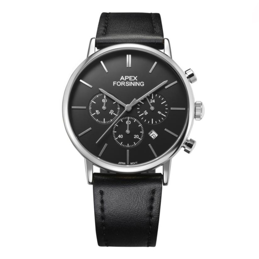 Чоловічий годинник Forsining 8312 Black-Silver з хронографом та шкіряним ремінцем