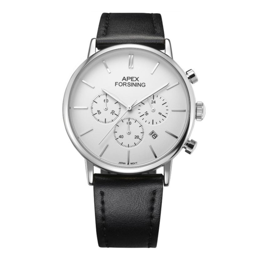 Чоловічий годинник Forsining 8312 Black-Silver-White з хронографом та шкіряним ремінцем